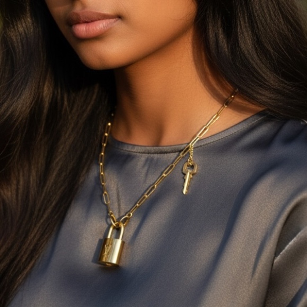 LOUIS VUITTON Lock & Key w/Unbranded Gold-Over-925-Silver  Paperclip Chain ✨NEW✨ - Picture 5 of 12